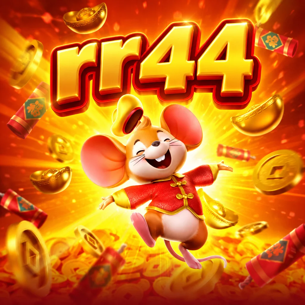 Ilustrasi game Fortune Mouse di rr44 dengan karakter tikus berbaju merah dan koin emas
