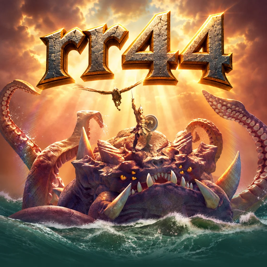Ilustrasi game Legend of Perseus di rr44 menampilkan ksatria Yunani di atas monster laut Kraken